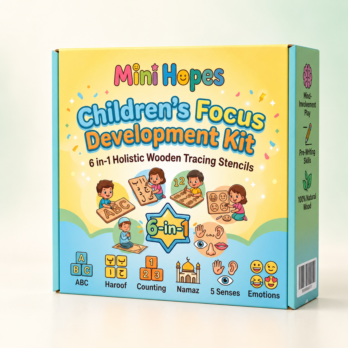 Mini Hopes 6-in-1 wooden tracing learning kit, studio product image