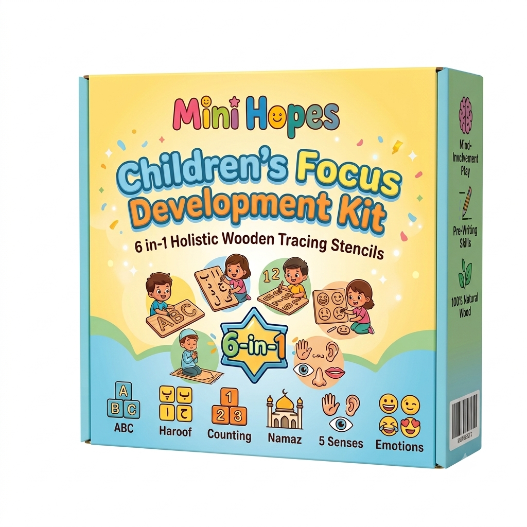 Original Mini Hopes Children's Focus Development Kit packaging showing its six learning themes