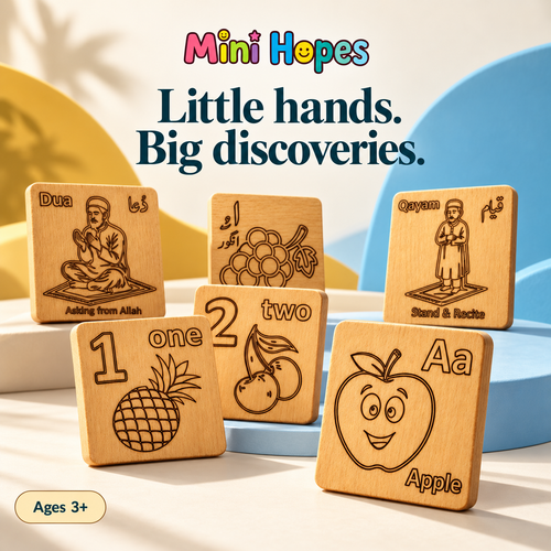 Mini Hopes sample wooden learning board designs — styled studio visualisation for ages 3 and above